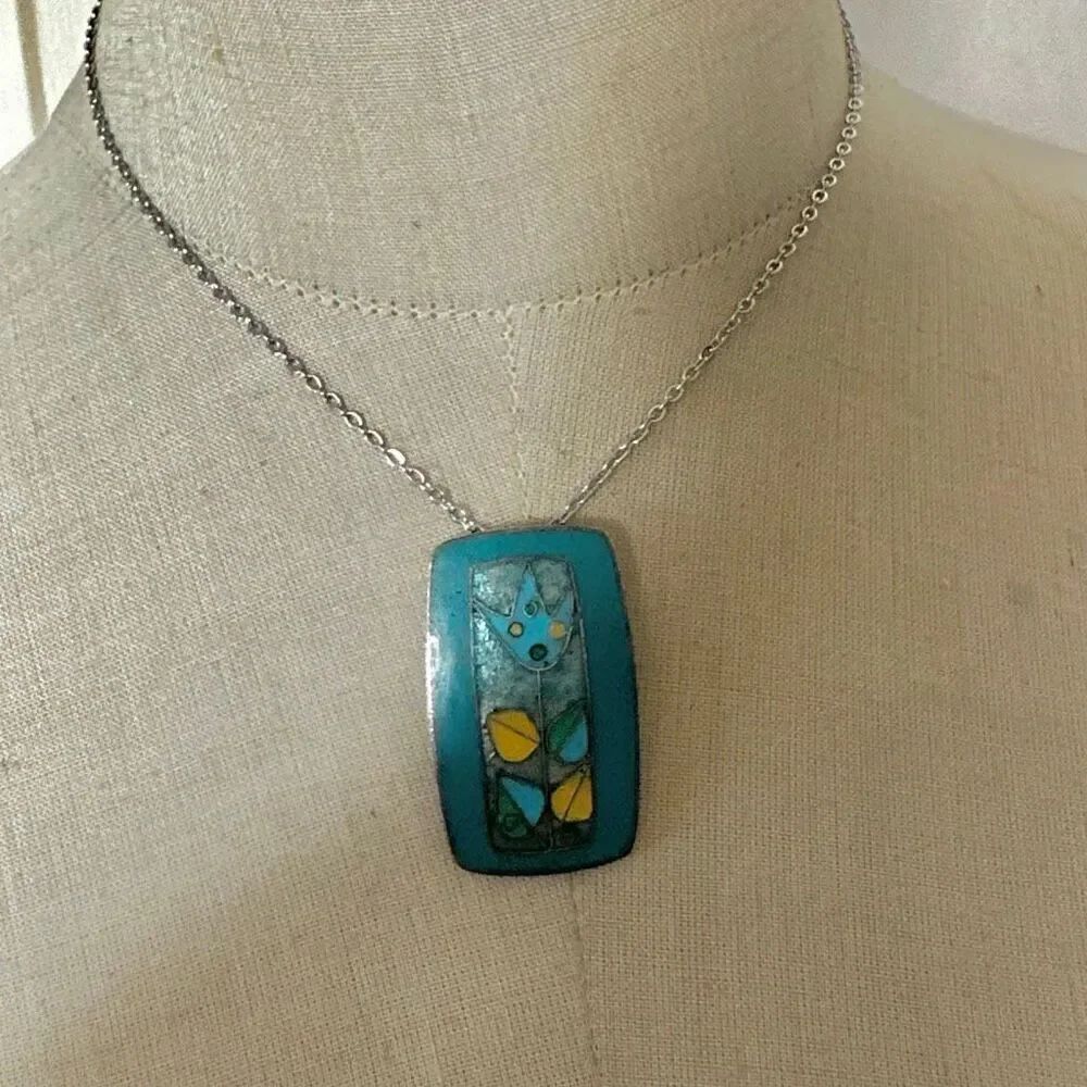 Vintage Cloisonné blue Floral Pendant Necklace